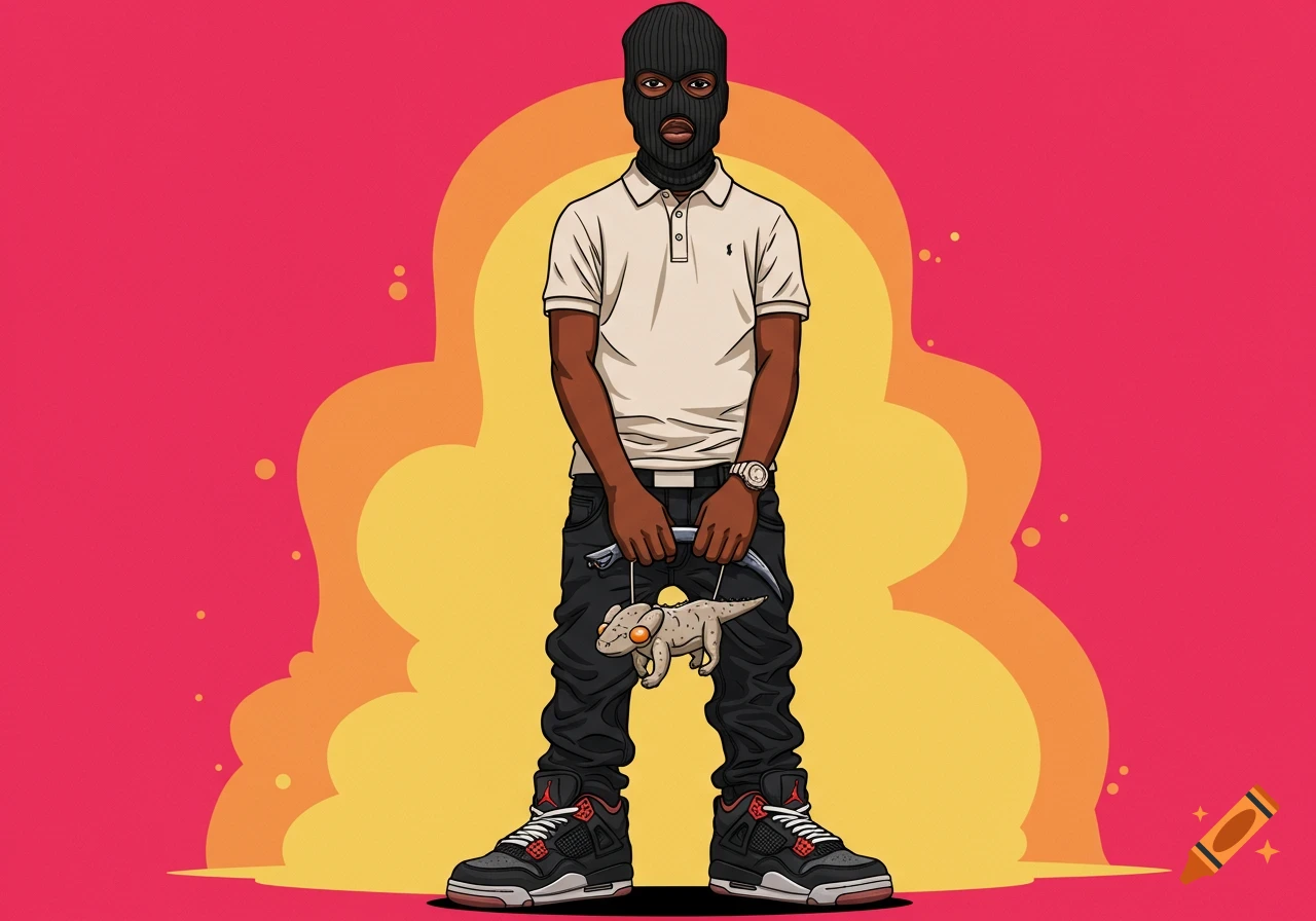 A cartoon illustration of a dark-skinned person wearing a white polo shirt, black jeans, and sneakers, standing with a ski mask covering their face. They hold a small, lizard-like creature on a leash. The background is red and orange with wavy shapes.