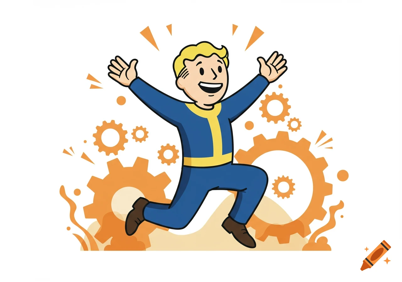 Vault Boy, a happy blonde cartoon character in a blue and yellow jumpsuit, jumps with arms raised amidst orange gears and energy bursts.
