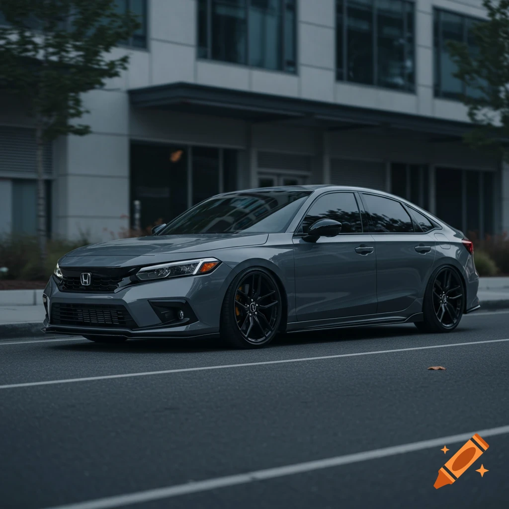 Photorealistic image of a metallic gray 2024 Honda Civic sedan with a lowered stance and black wheels, parked on an urban street at dusk.