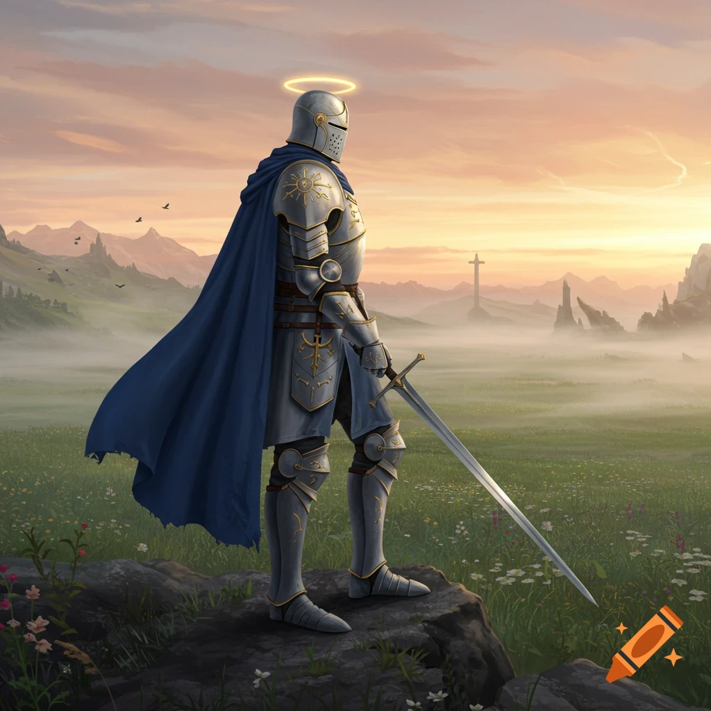 A knight in shining armor with a blue cape and halo stands on a rock, holding a sword, overlooking a misty valley with a distant cross at sunset.