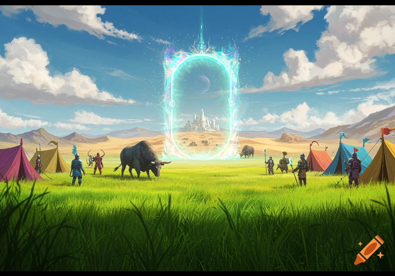 A fantasy landscape with armored figures, tents, and bulls in a grassy plain before a glowing portal showing a futuristic city.