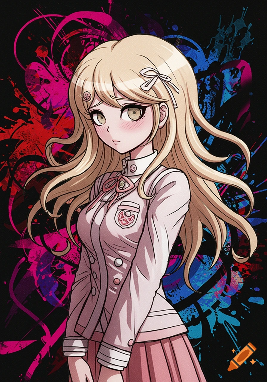Blonde anime girl with shy expression in a school uniform against a vibrant pink and blue paint splatter background.