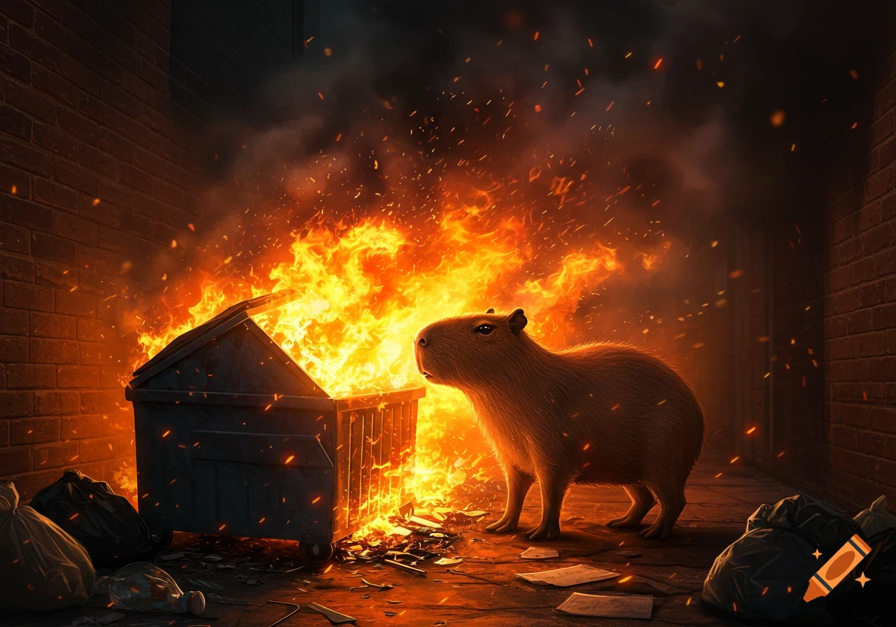 A capybara stands beside a dumpster engulfed in bright orange flames in a dark alley.