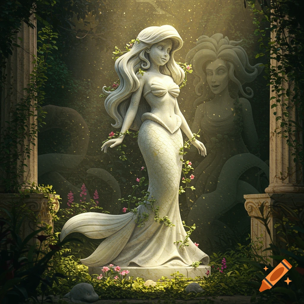 A marble statue of Ariel the mermaid, adorned with vines and flowers, stands in a mystical overgrown ruin, with a shadowy Ursula-like figure in the background.