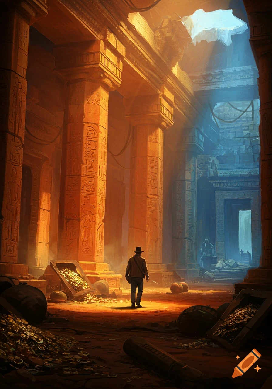 An adventurer in a hat walks through a vast, sunlit ancient temple filled with piles of gleaming gold treasure, in an oil painting style.