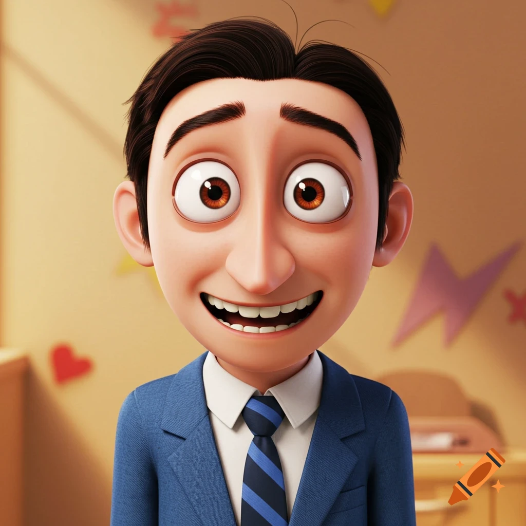 A cartoon man resembling Victor from Despicable Me, with a wide smile and large eyes, wearing a blue suit and striped tie.