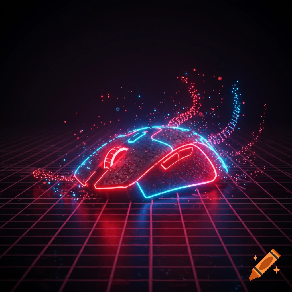 A neon-lit gaming mouse with red and blue glowing accents sits on a futuristic grid background with glowing particles.