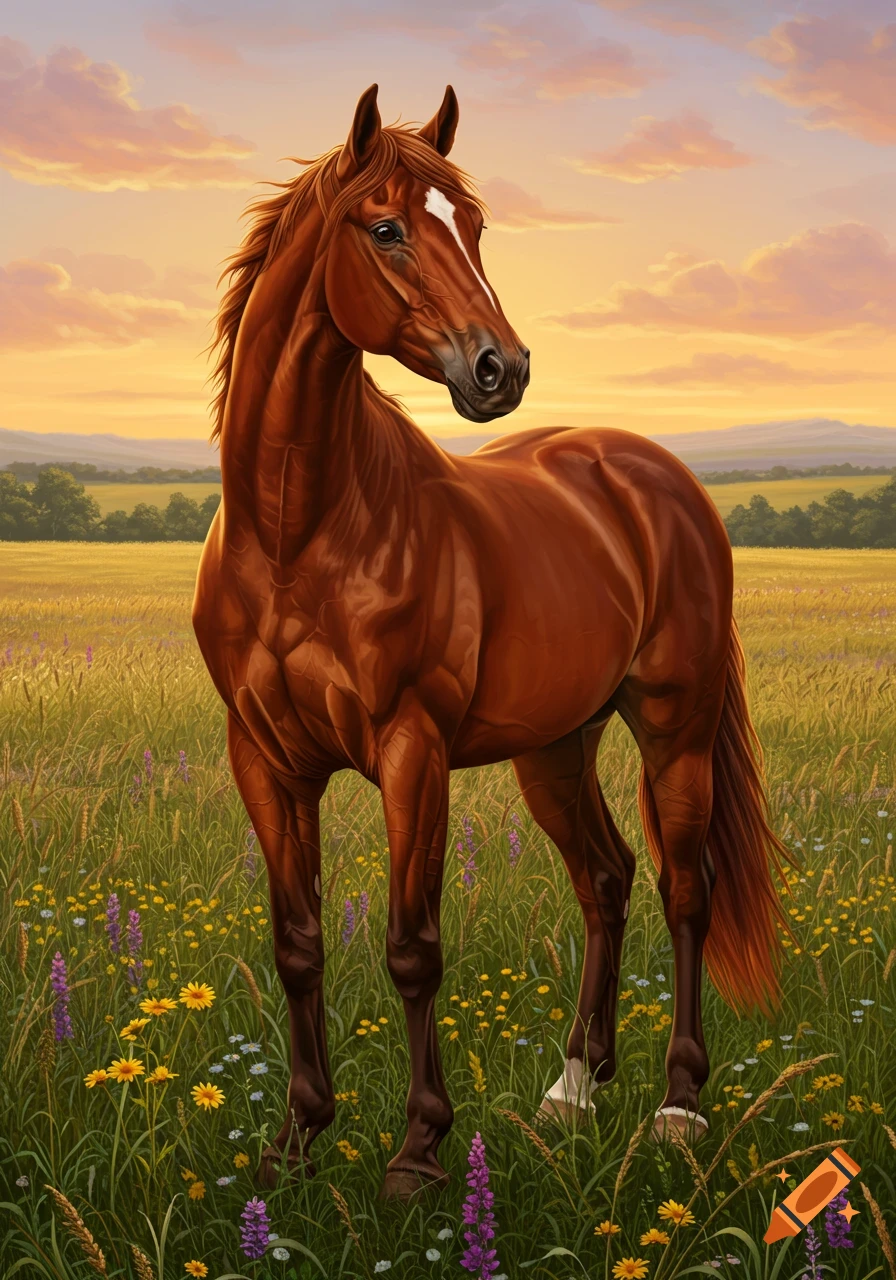 A realistic brown horse with a white blaze stands in a field of green grass and wildflowers under a sunset sky.
