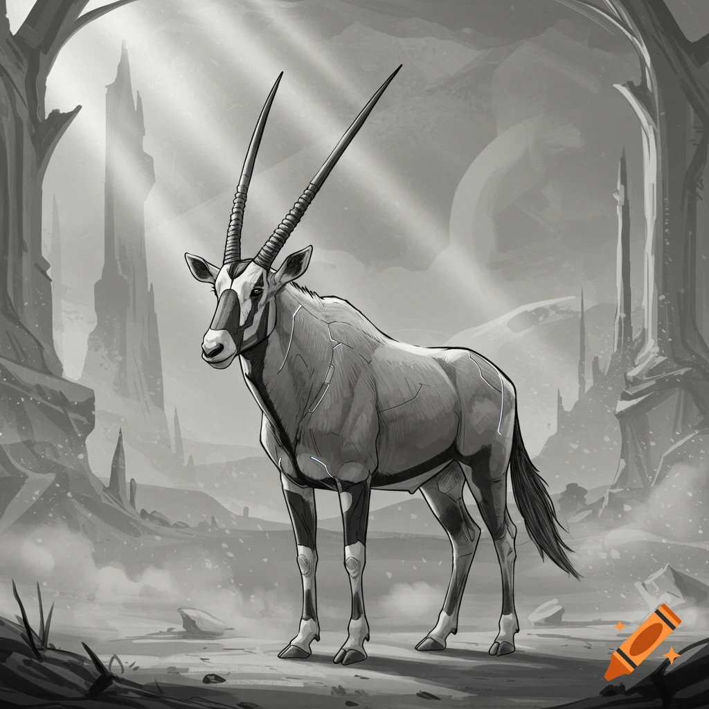 A greyscale sketch of an oryx standing in a desolate, mountainous landscape with light rays shining through.