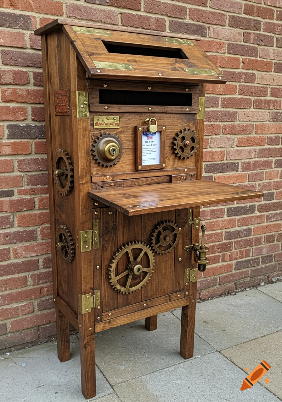A rustic steampunk-style wooden parcel post box with brass accents and decorative gears, set against a brick wall.