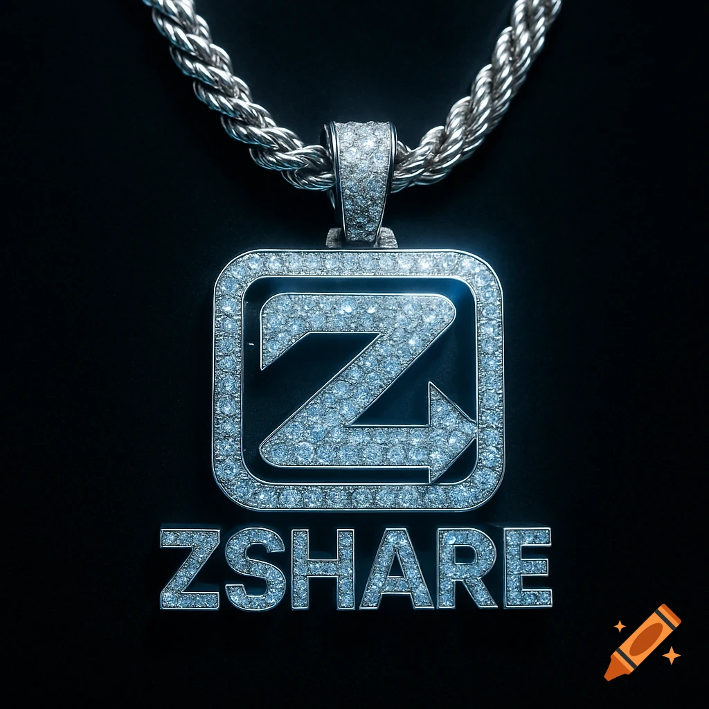 A silver chain necklace with a large diamond-encrusted pendant featuring a 'Z' logo and the word 'ZSHARE' below it, against a black background.