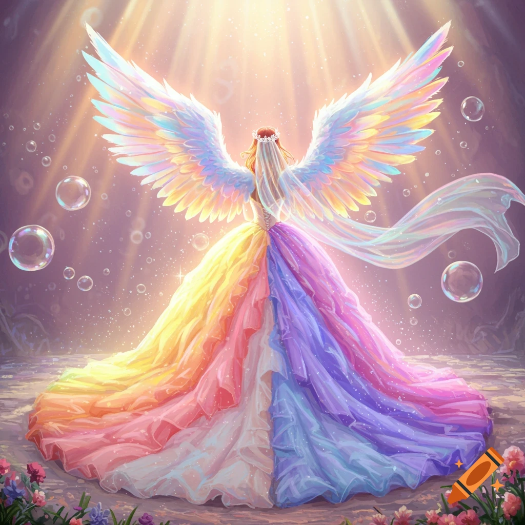 A figure with large, colorful rainbow wings and a vibrant, layered rainbow wedding dress stands in a fantasy setting with glowing light and floating bubbles.