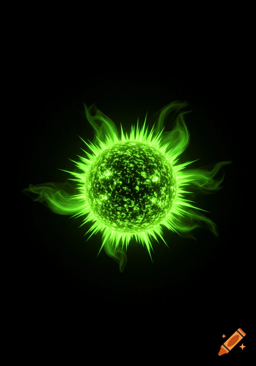 A vibrant lime green sun with spiky rays and wispy energy against a black background.