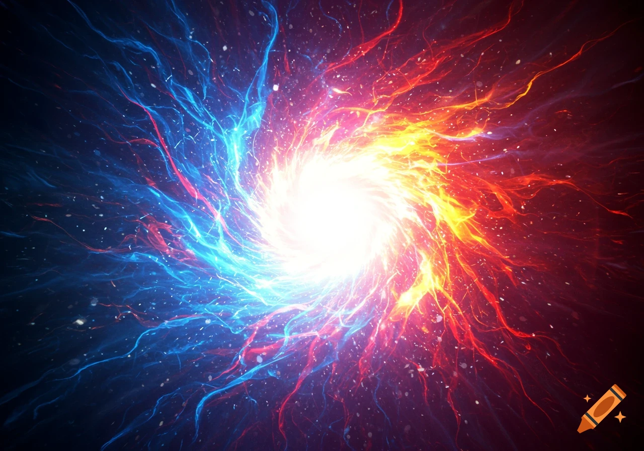 A vibrant swirling vortex of light with blue energy on the left and red and orange energy on the right, against a dark background.