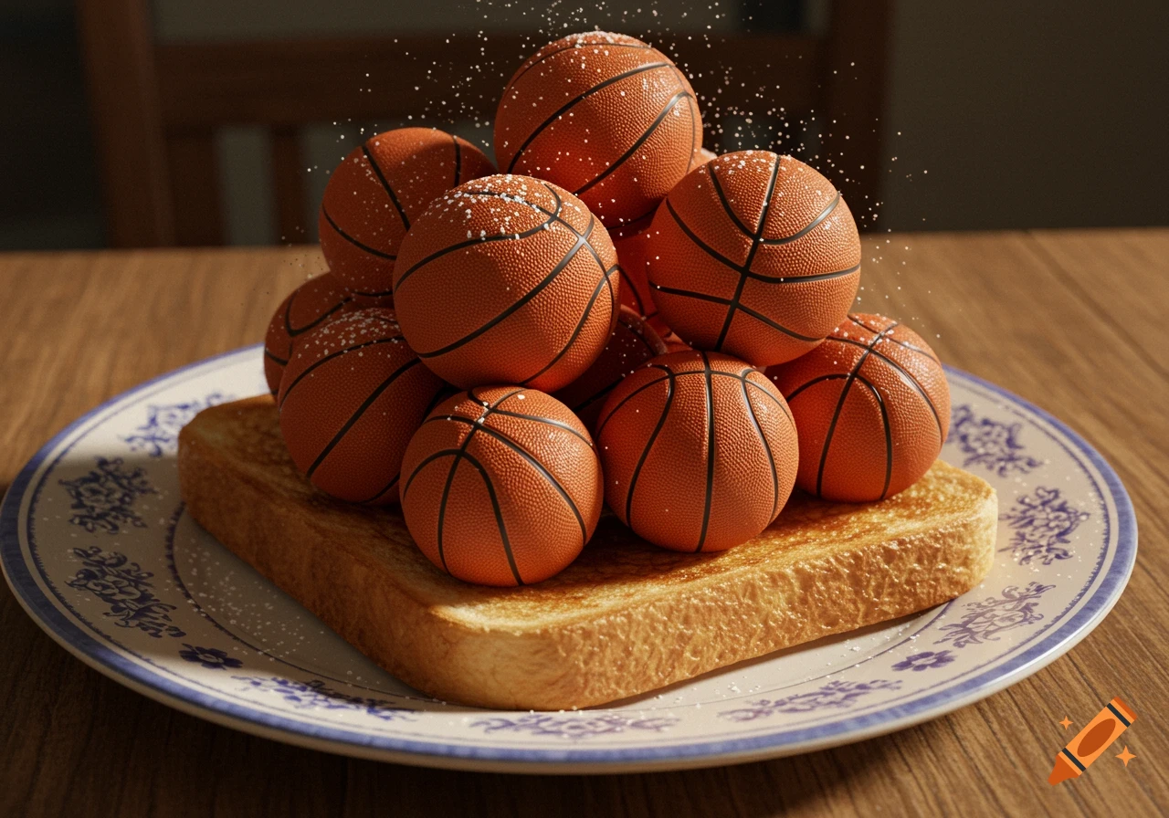 A close-up of a stack of miniature basketballs on a slice of toasted bread on a patterned plate, with white sprinkles. Photorealistic style.