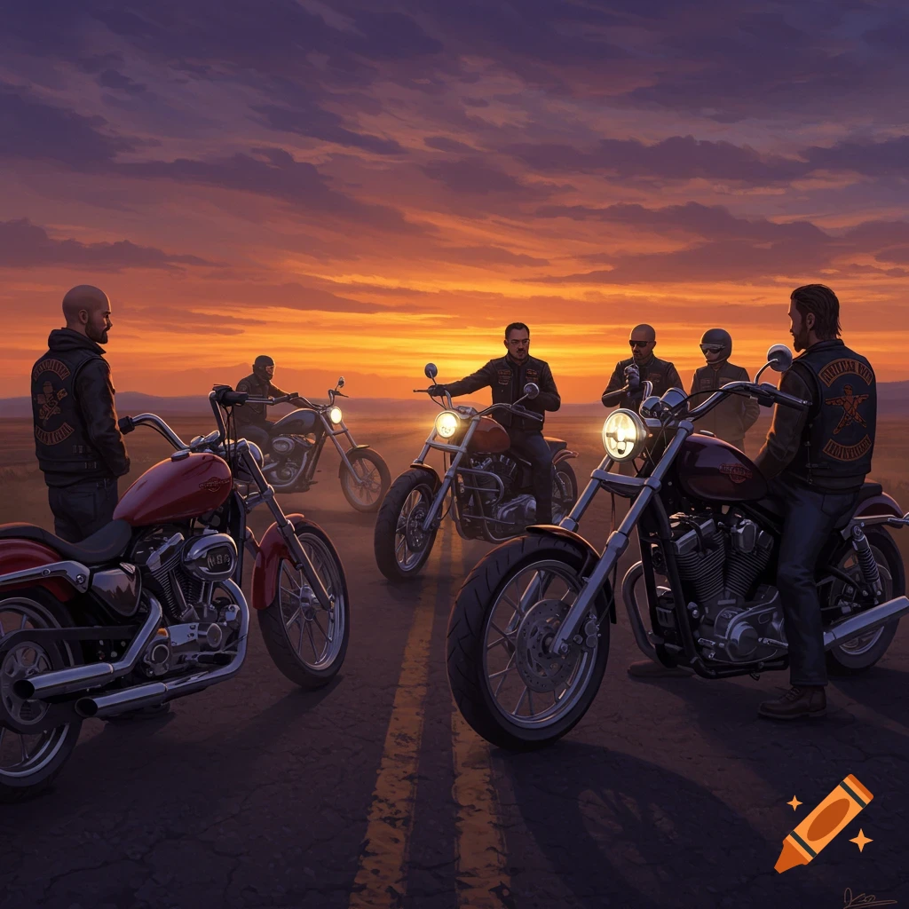 A group of bikers on motorcycles gathered on a road during a vibrant orange and purple sunset.
