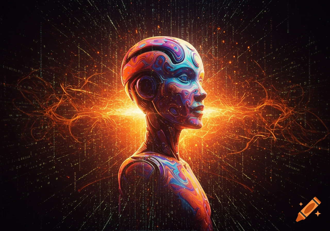 A vibrant, colorful, abstract humanoid head surrounded by glowing orange energy and digital code against a dark background.