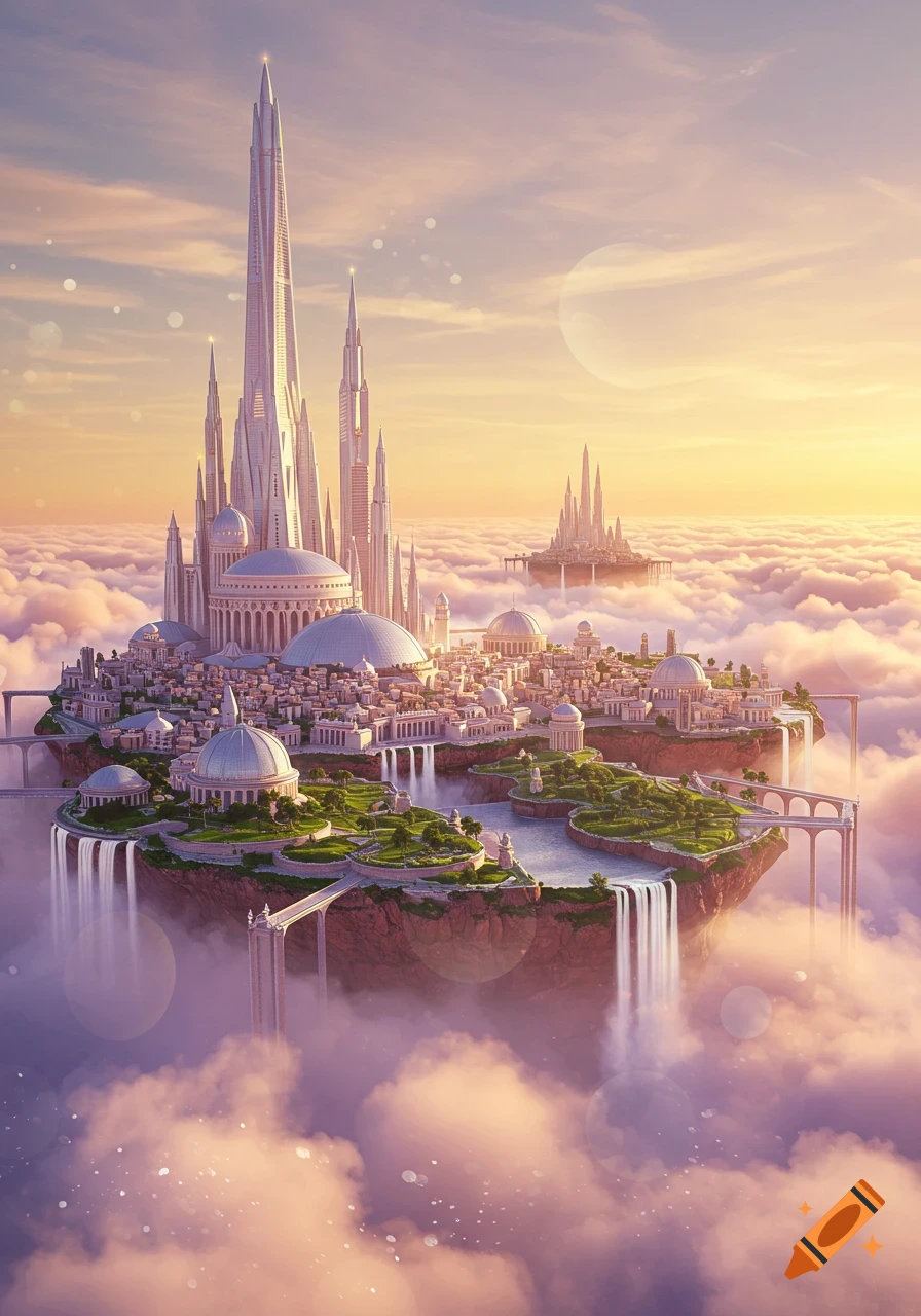 A fantastical city with futuristic spires and domes floats on islands above clouds at sunset, with waterfalls flowing from its edges.