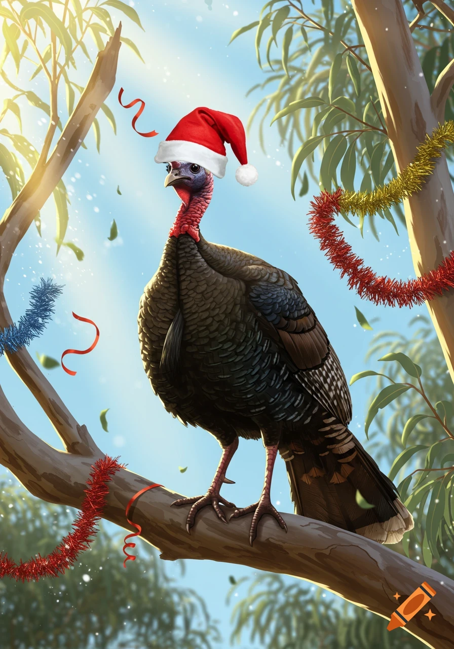 A proud brush turkey wearing a red Santa hat perches on a tree branch, surrounded by festive tinsel and falling leaves or snow.