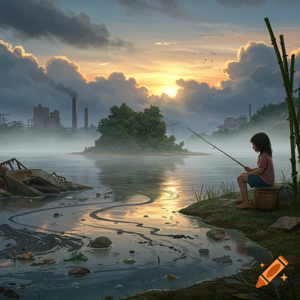 A young girl fishes in polluted water near an industrial city at sunset, with a small green island in the distance.