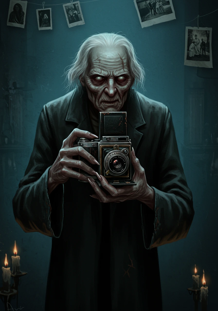 A scary, gaunt old man with glowing eyes holds a vintage camera, with faded photos strung behind him in a dark, gothic style.
