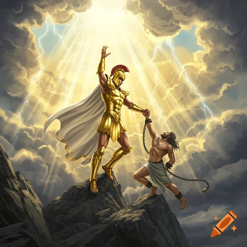 A golden armored Greek god pulls a chained Prometheus up from a rocky peak under a stormy, lightning-filled sky.
