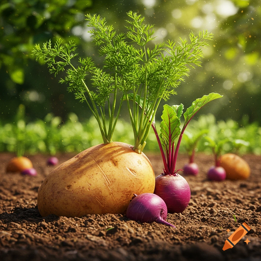 A close-up view of a potato with carrot tops growing out of it, next to beetroots in rich soil under dappled sunlight.