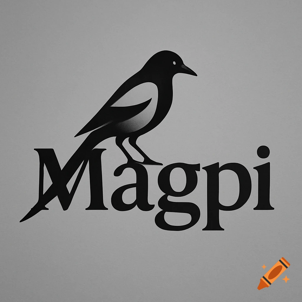 A black and white logo featuring a magpie silhouette standing on the word 'Magpi'.