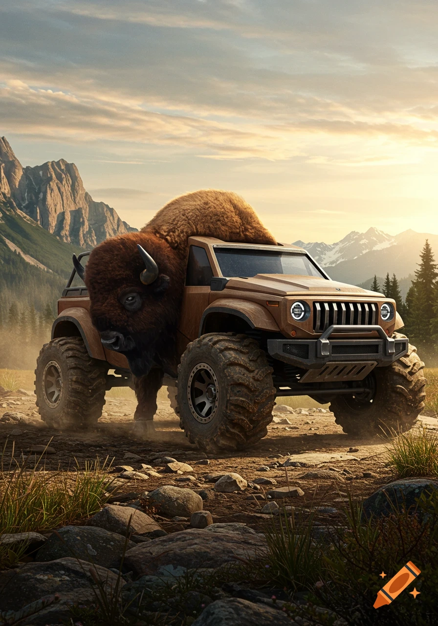 A photorealistic image of a brown off-road truck with a bison's head and fur integrated into its front, on a dirt path in a mountainous landscape at sunset.