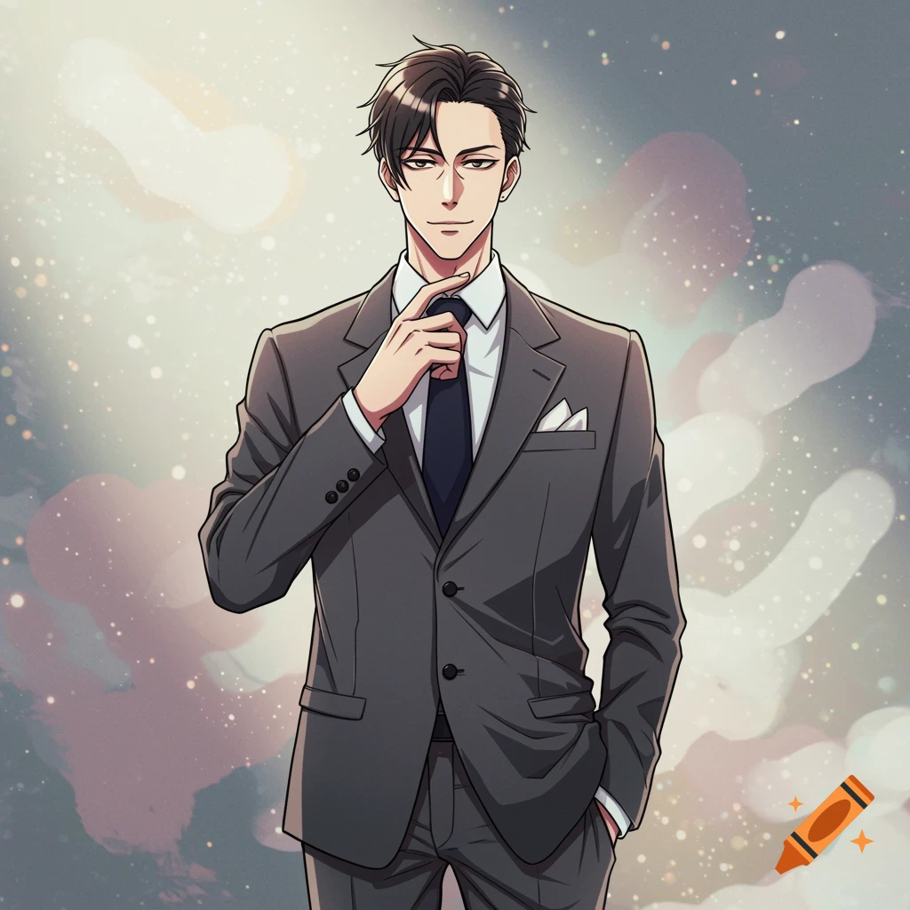 Anime-style man in a grey suit and dark tie, looking at the viewer and adjusting his tie, with a soft, ethereal background.