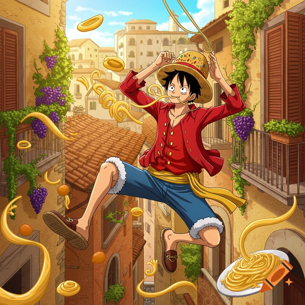 Anime character Monkey D. Luffy jumps playfully amidst swirling spaghetti and gold coins in a vibrant, old Italian-style town.