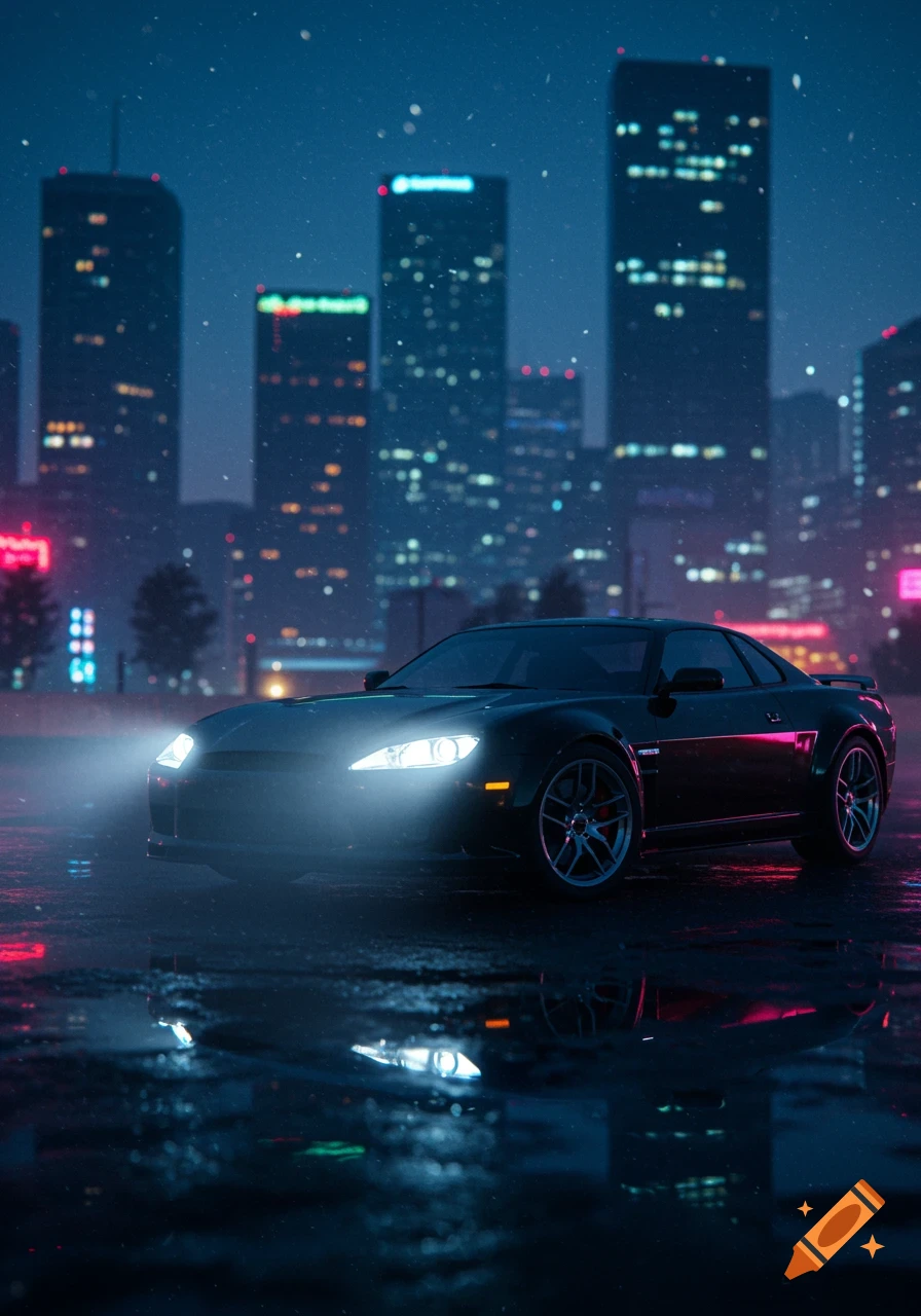 A black sports car with bright headlights parked on a wet street at night, reflecting neon lights from a distant cityscape.