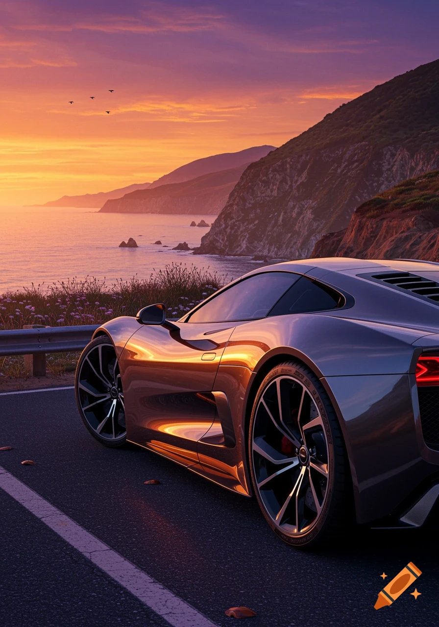 A sleek sports car parked on a coastal road overlooking the ocean at sunset, with mountains in the background.