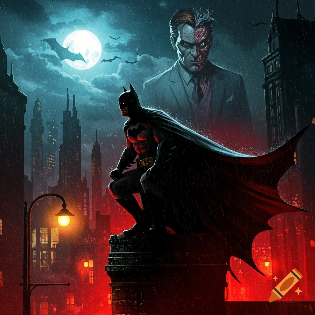 Batman on a rainy Gotham rooftop, illuminated by moonlight and streetlights, with Two-Face's looming face in the sky. Comic art style.