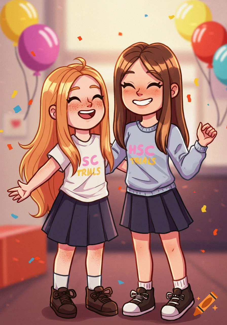 A simple, cute cartoon of two girls celebrating, surrounded by confetti and balloons. The girl on the left has long blonde hair and freckles, wearing a white shirt and dark skirt. The girl on the right has long brown hair, wearing a grey sweater and dark skirt.