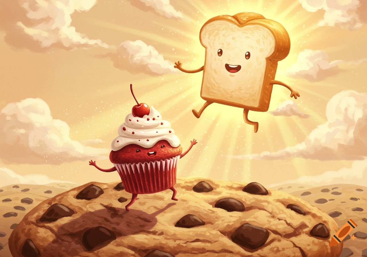 A whimsical cartoon shows a happy red velvet cupcake dancing on a giant chocolate chip cookie as a smiling bread slice floats in a sunny sky.