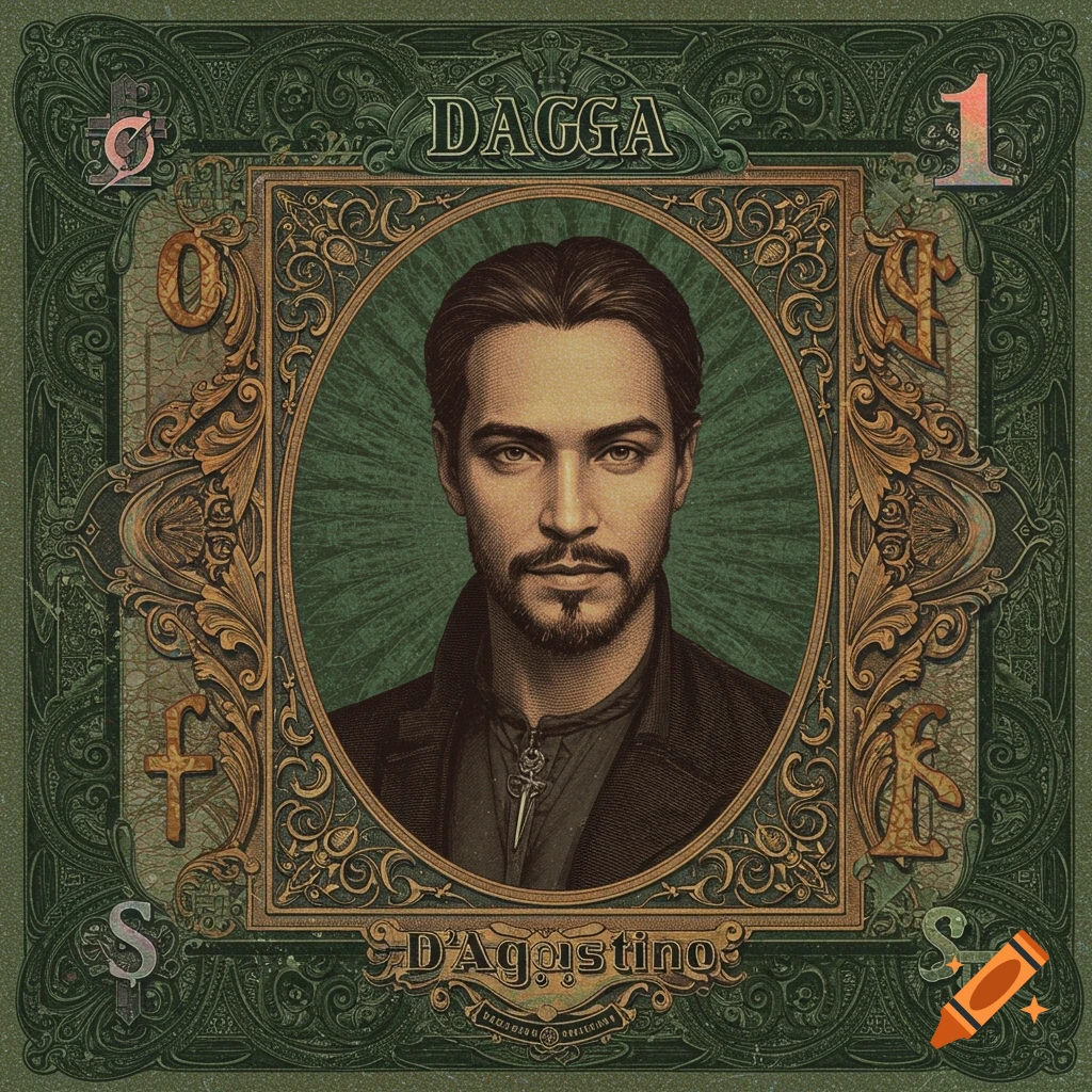 A portrait of a man with a beard and dark hair, centered in an ornate green and gold frame, stylized like a banknote.