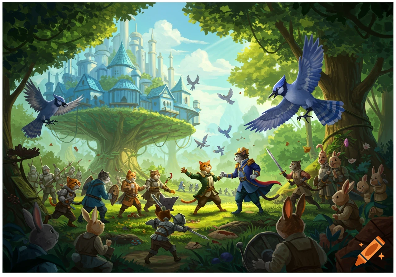 Illustrated fantasy battle between anthropomorphic cats and rabbits with bluejays in a forest with a blue treehouse castle.