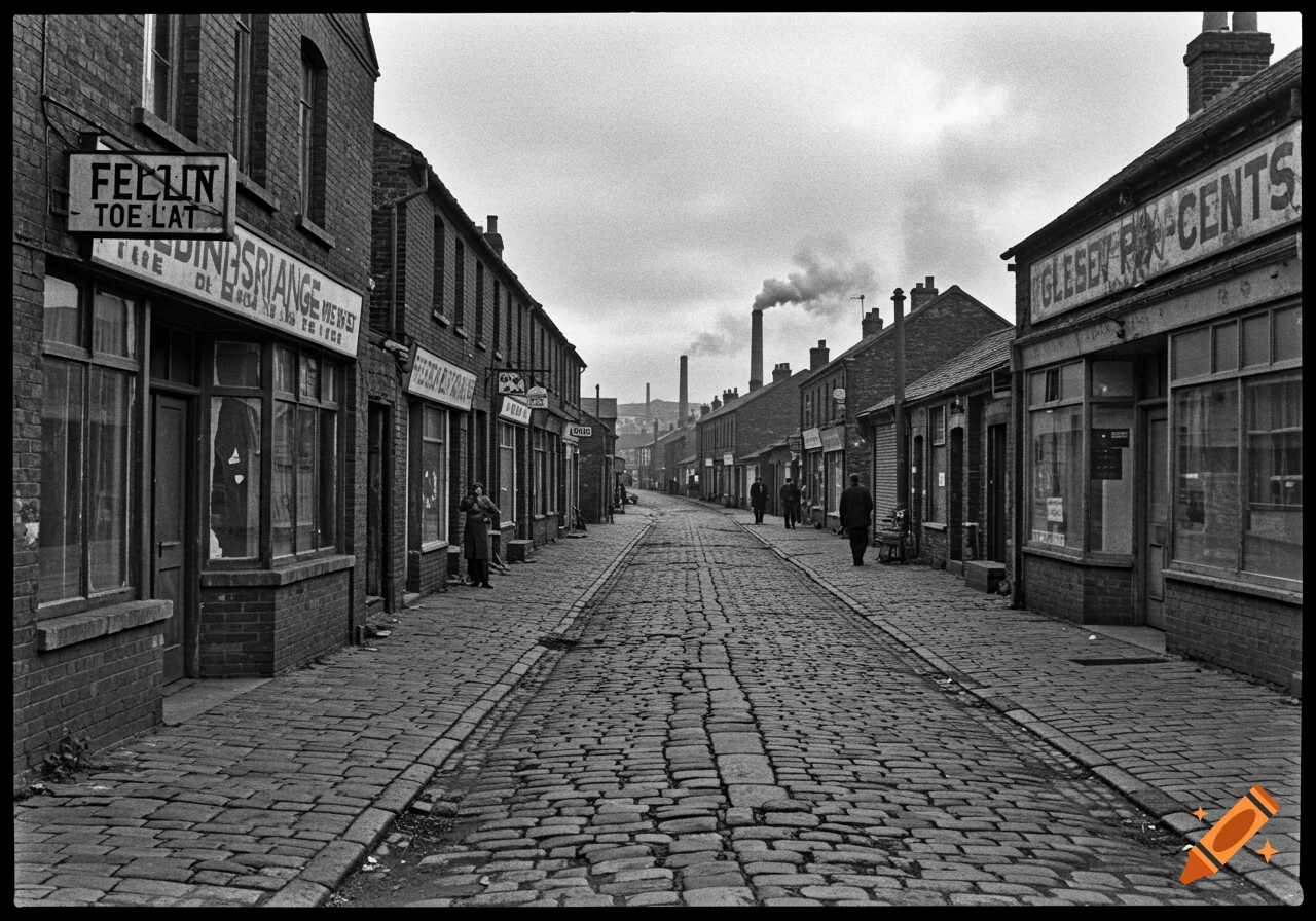 A black and white photograph of a cobbled street lined with brick buildings in an old mining town, with a few people walking.