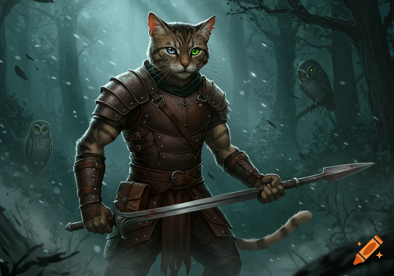 A feline warrior in leather armor holds a blood-stained sword and spear in a dark, snowy forest with owls.