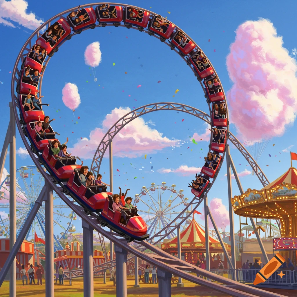 A vibrant illustration of a red roller coaster looping high in the sky, filled with people, at a busy amusement park under a blue sky with pink clouds.
