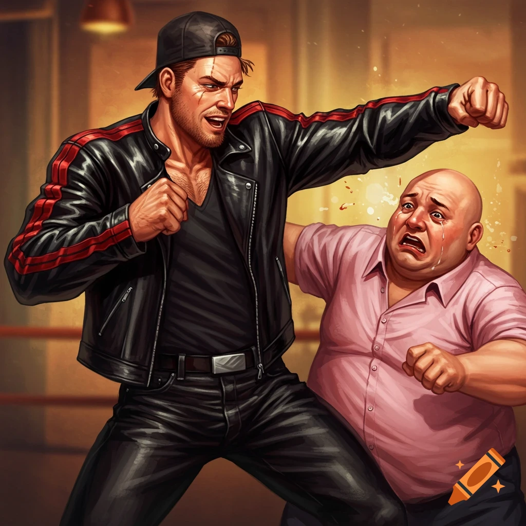 A muscular man in a leather jacket punches a crying, bald man in a pink shirt, in a dynamic illustration.