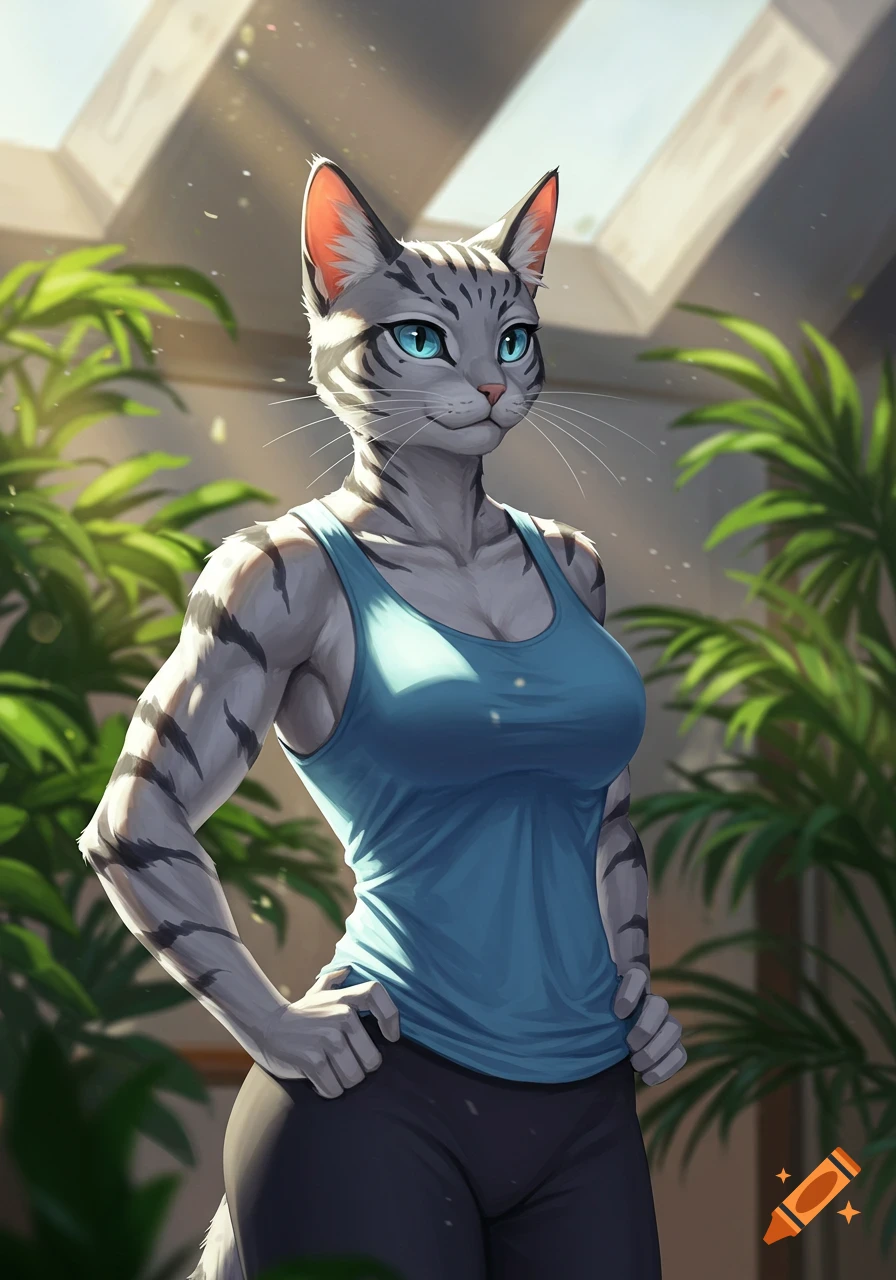 A muscular anthropomorphic cat with grey stripes and blue eyes, wearing a blue tank top, stands in a bright room with plants.