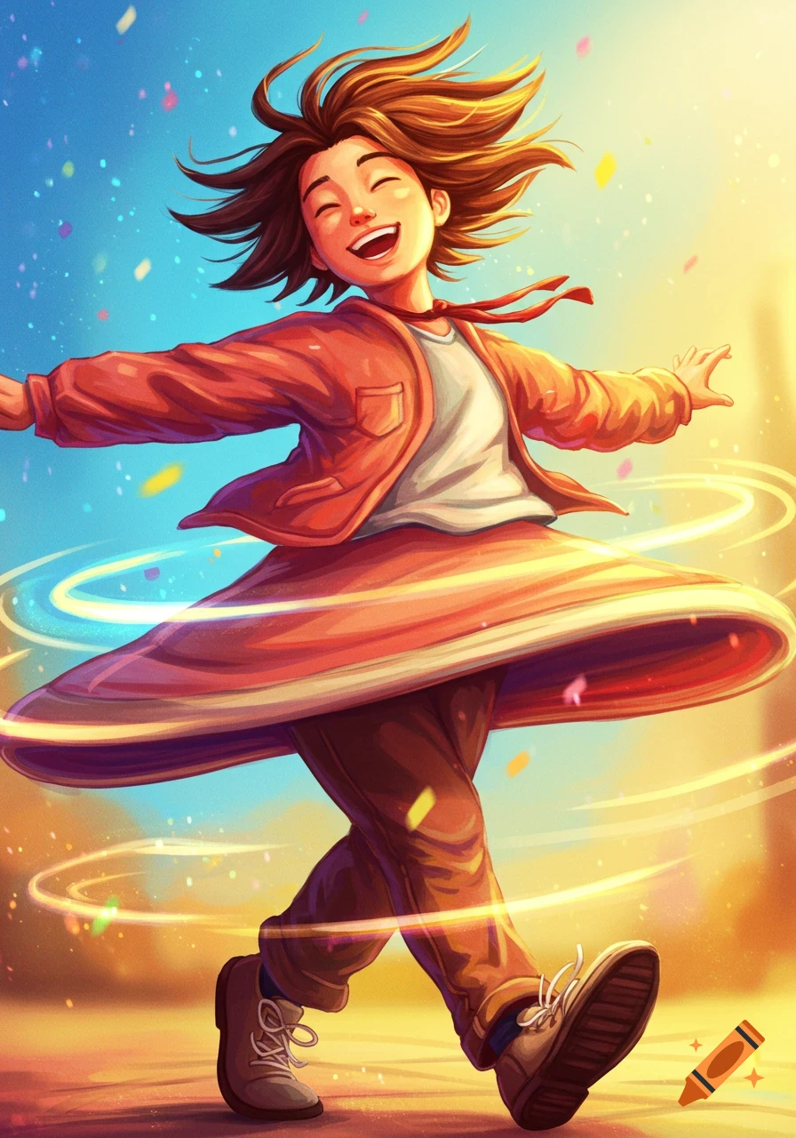 A joyous cartoon person with flowing hair and a spinning skirt, arms outstretched amidst colorful confetti, in a bright, painterly style.