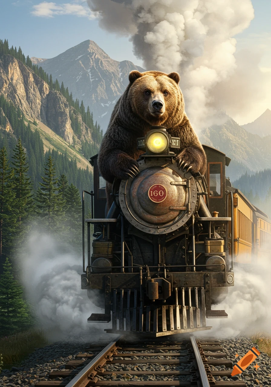 A large brown bear stands on the front of an old steam locomotive train moving through a mountainous landscape, with smoke billowing from the train.