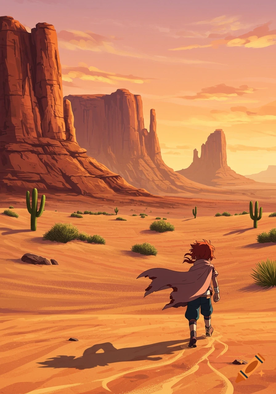 An anime character walks through a vast desert landscape with tall rock formations and cacti at sunset.