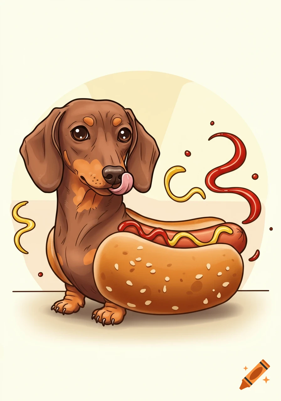 Cartoon illustration of a brown dachshund dog licking its lips next to a hot dog with ketchup and mustard.