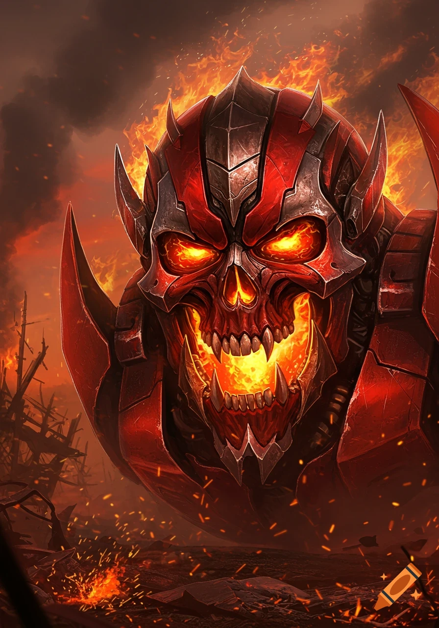 A menacing red and black mechanical skull with glowing eyes and a fiery mouth in a burning, post-apocalyptic landscape.