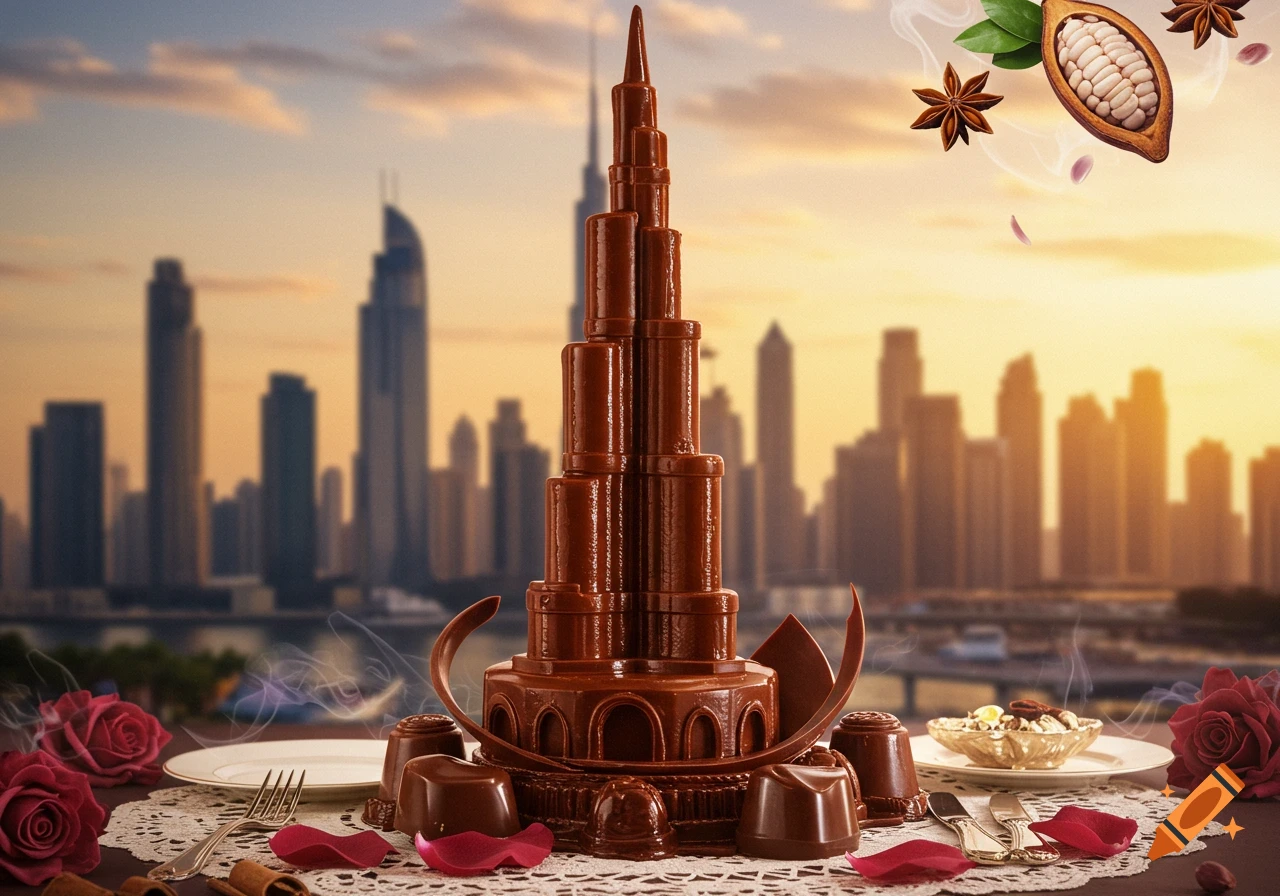 A chocolate skyscraper on a table with chocolates and roses, against a Dubai cityscape at sunset.