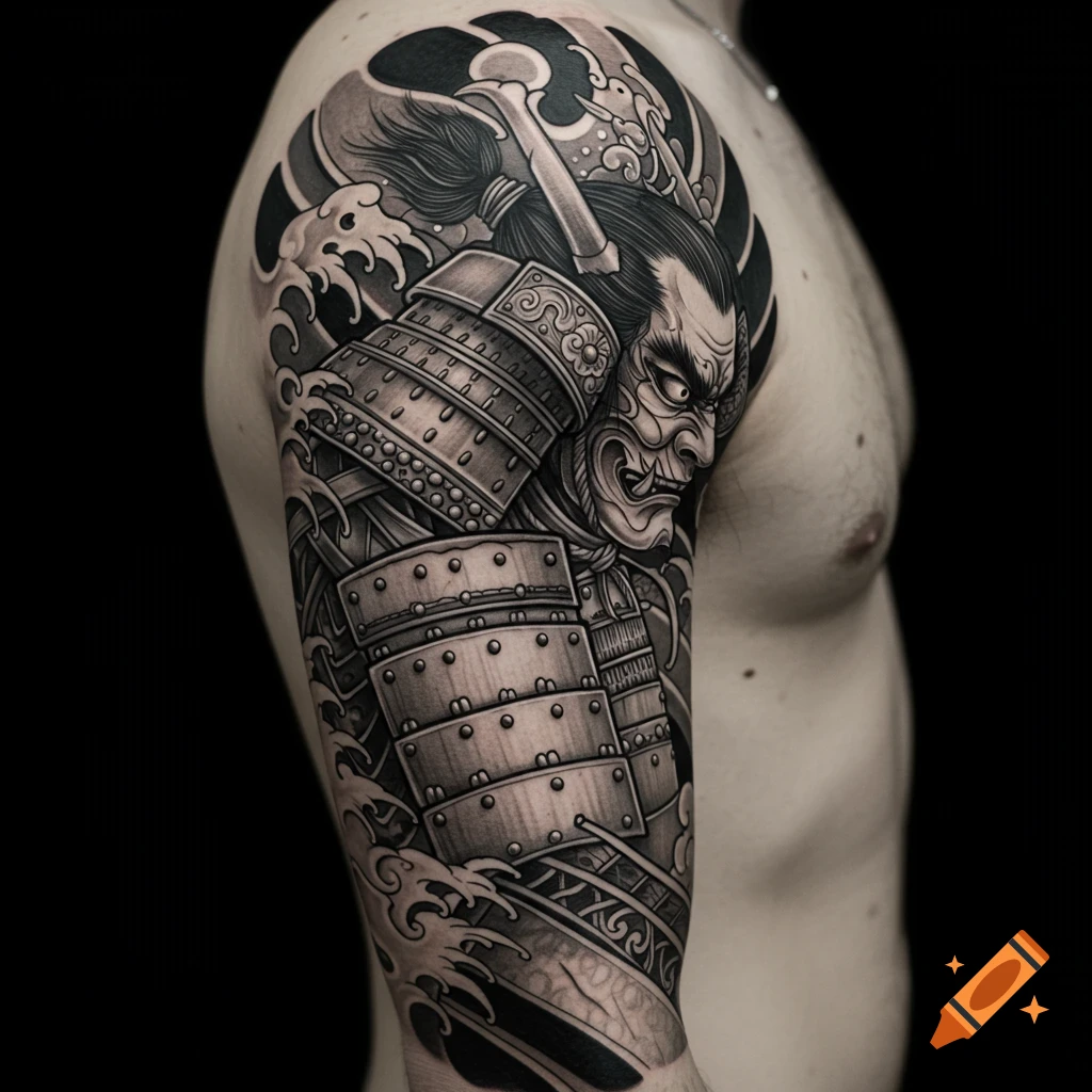 Detailed black and white tattoo of a fierce samurai warrior in armor on a person's upper arm.